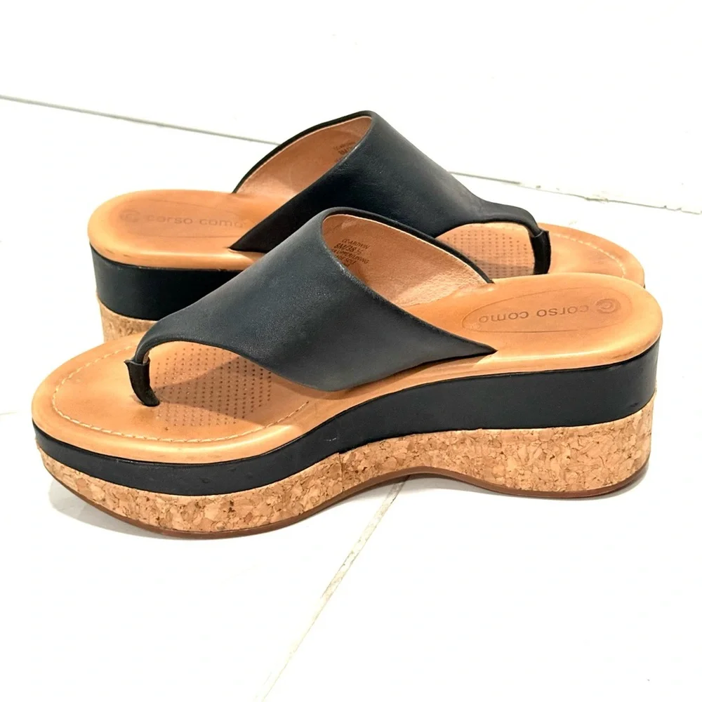 Corso Como Black Leather Platform Cork Thong Sandals 8M‎